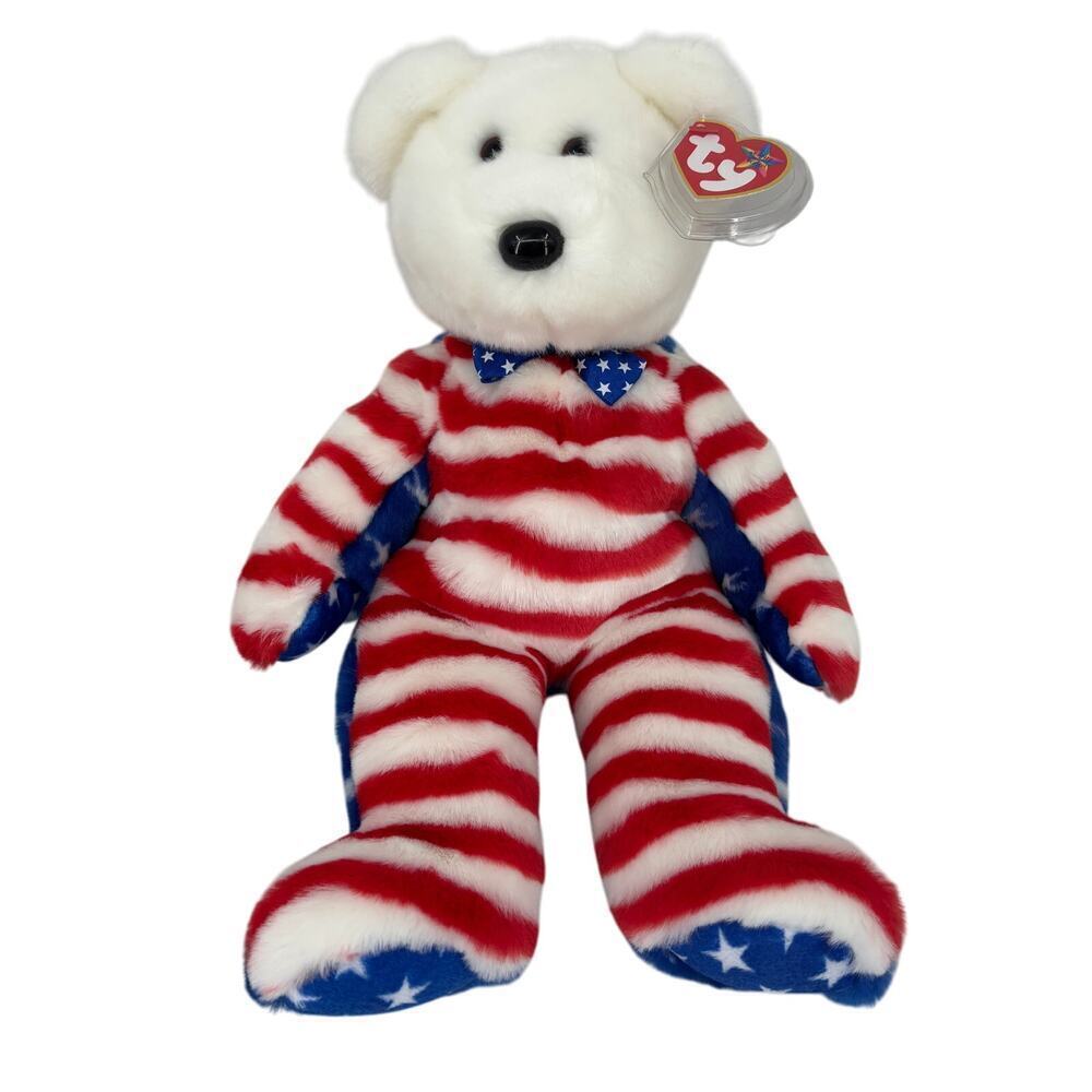 Ty Beanie Buddies Liberty Teddy Bear Plush White Head Stars Stripes 13 Inch 2002
